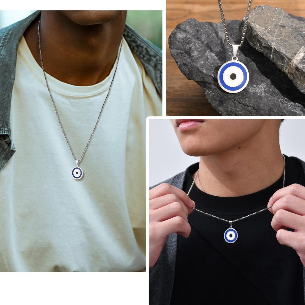 Evil Blue Eye Casual Pendant Necklaces for Men Stainless Steel Round Pendant with Chain Ethnic Turkish Collar Father's Day Gifts