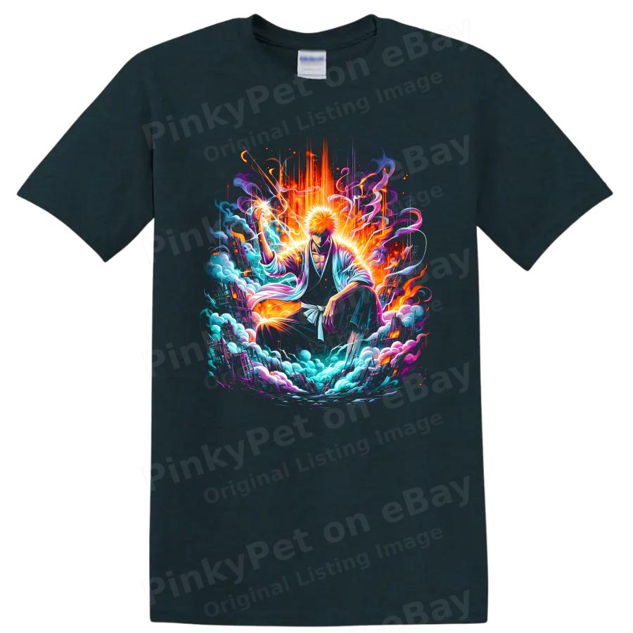 Ichigo Kurosaki Anime T Shirt W/ Neon Energy Warrior Art Graphic Tee Action