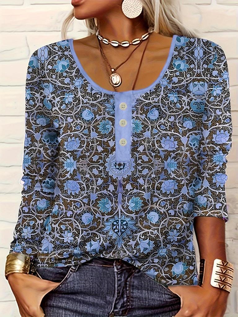 2025 V-neck Women's Ethnic Style Print Button Plus Size Casual T-shirt