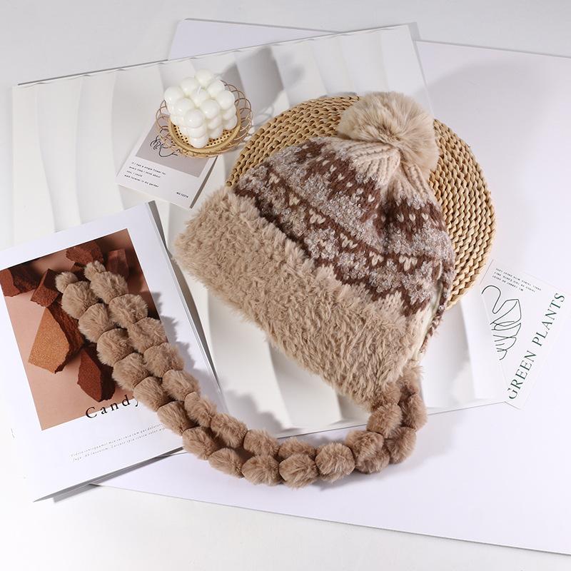 Autumn and winter new national style ball braid pullover hat, plush warm face small splicing plush knitted hat