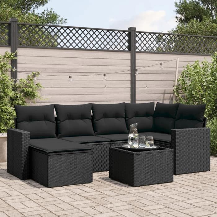VidaXL Salon de jardin 7 pcs avec coussins noir résine tressée 3251602