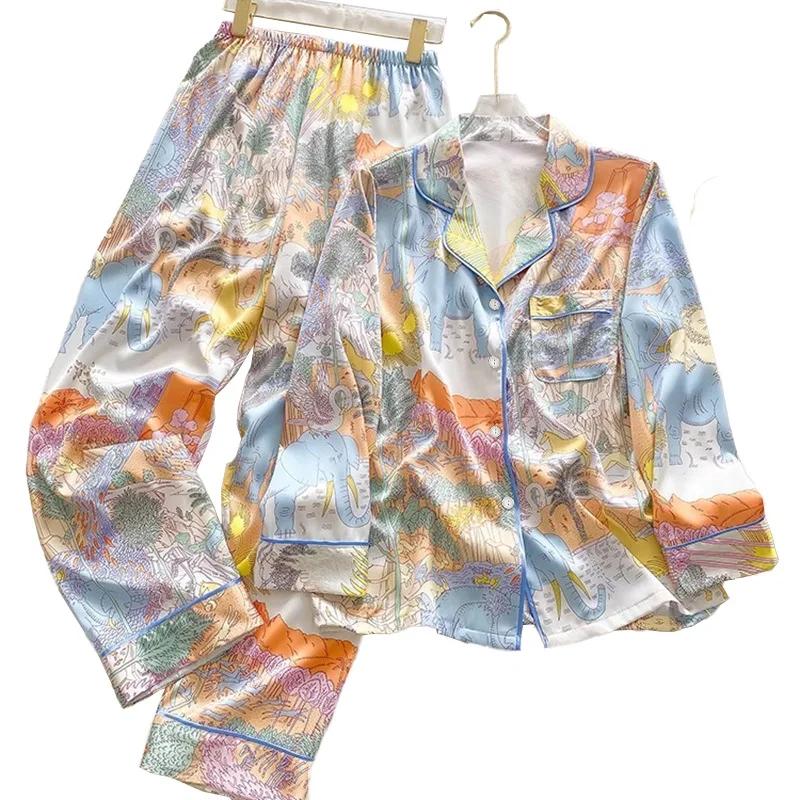 Women's Pajamas Sets Spring Autumn 2 Piece Animal Print Pyjama Faux Silk Satin Sleepwear Long Sleeve PijamaHomewear
