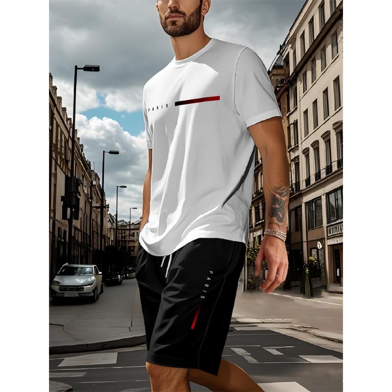 Ensemble Deux Pièces Homme Casual Été 2025 T-shirt Manches Courtes Imprimé Rayures Ensemble Short de Sport Ensemble Fitness