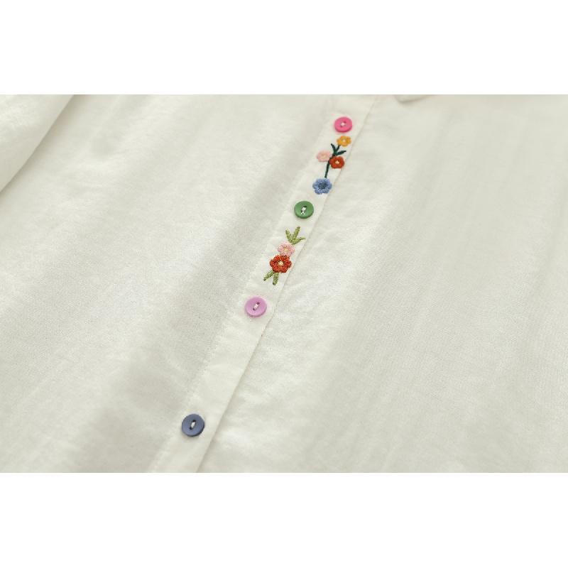 Artistic and fresh breathable cotton gauze turn-down collar short-sleeve shirt for women, casual summer double-layer gauze top