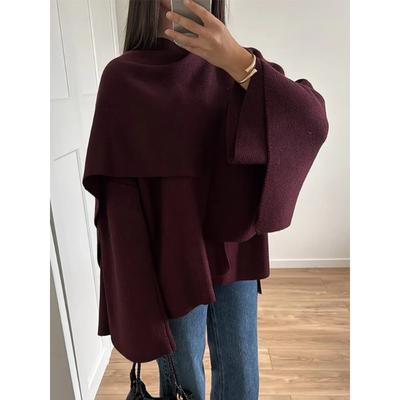 Women's Burgundy Woolen Blends Jacket with Scarf Vintage Long Sleeve Oversize Short Coat Autumn Lady Office Outwear