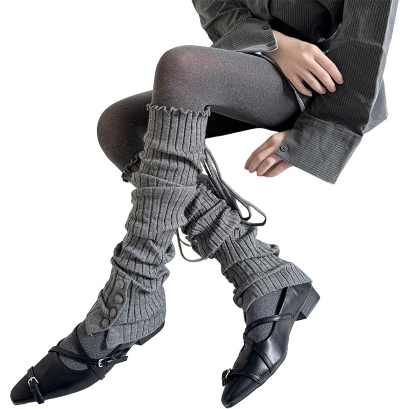 Ribbed Knit Thigh High Footless Long Socks with Button Detail Split Designs Over Knee Leg Warmers for Dance Enthusiasts