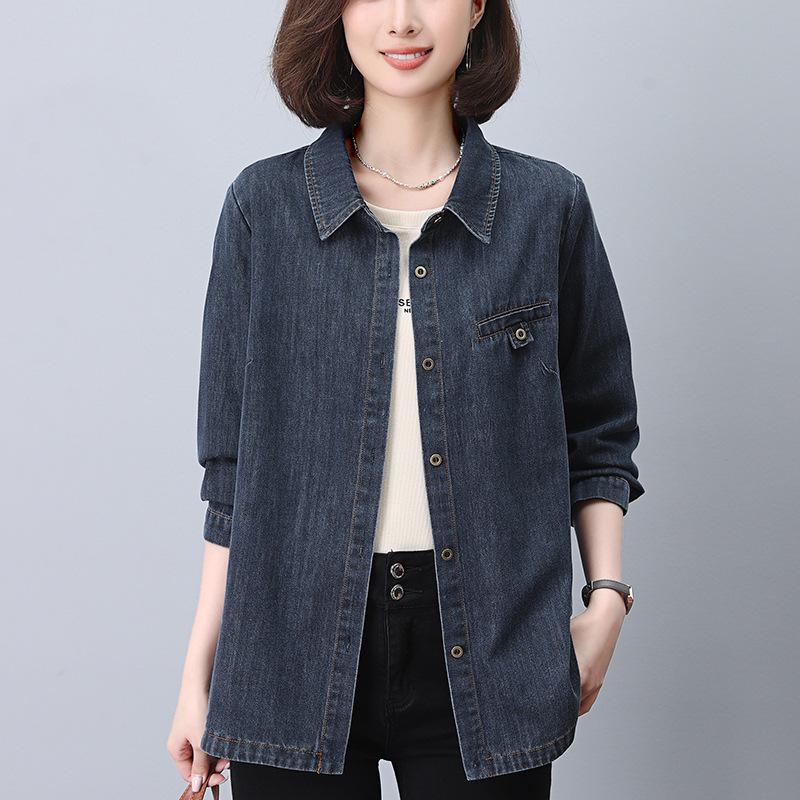 

Women s Plus Size Casual Long Sleeve Denim Jacket - 2024 New Style, Mid-Length with Turn-Down Collar for Spring/Autumn L