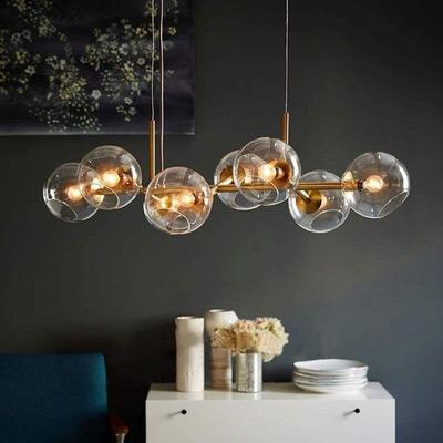Linear Chandelier - NETTLIFE - Modern Linear Chandelier - Clear Glass Globes - Gold Structure - 8x E27