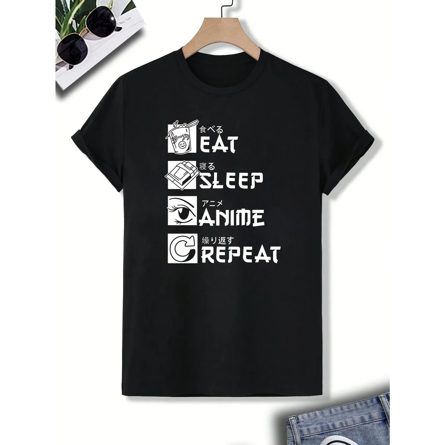 

EAT SLEEP ANIME REPEAT дизайн - 100% хлопок, летняя, с коротким рукавом, с круглым вырезом, повседневная, с принтом, мужская футболка S чёрный