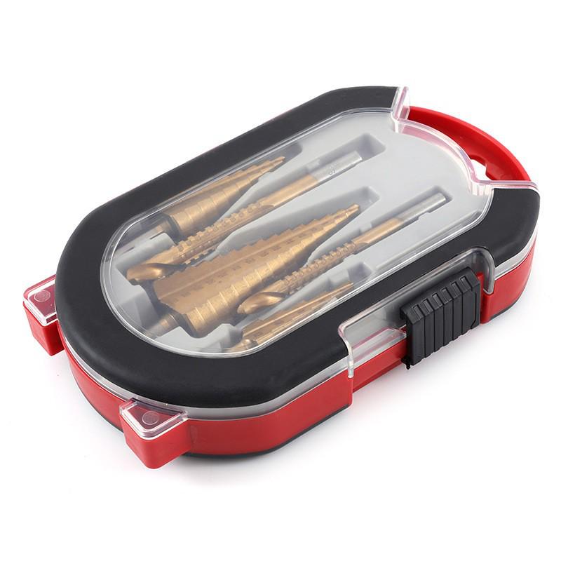 6-Piece Titanium-Plated Pagoda Drill Set for Woodworking: Serrated Hole Opening, Expansion, and Groove Cutting with Plastic Box.