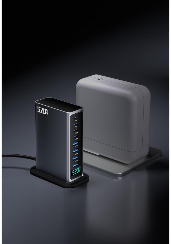 High-End 520W GaN-Ladegerät: Schnelle 8-Port-Desktop-Station mit KI-Digitalanzeige