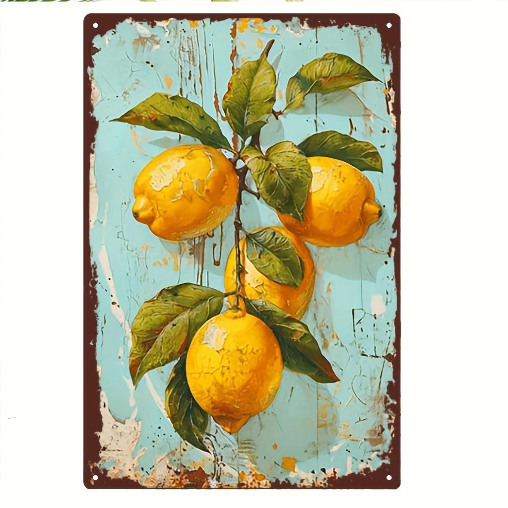 2D Flat - Vintage Lemon Branch Metal Sign - Rustic 8x12 Inch Wall Art with Realistic Lemons & Dappled Background, Perfect for Li