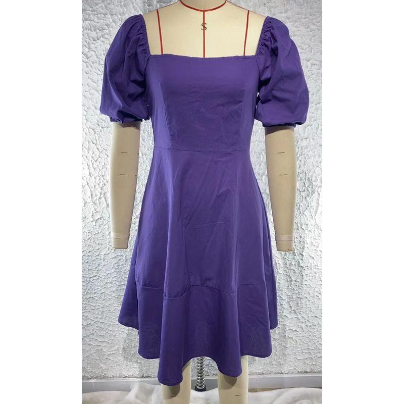 

New Arrival Fashion Style Pure Color Short Sleeve Square Collar Dress Short Sleeve Sleeve Square Neck Dress Purple M