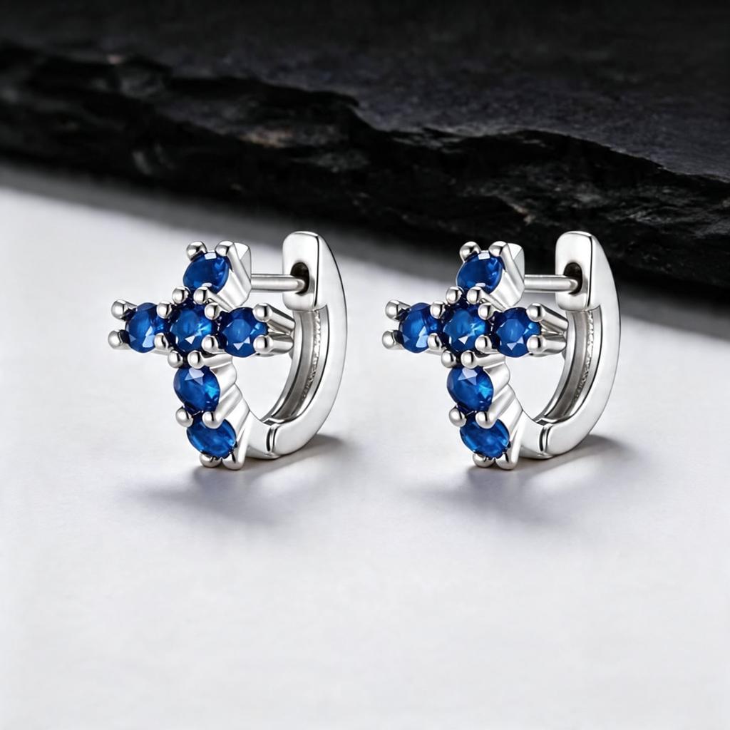 Hip Hop Cross Huggies Hoop Earring for Men Women,Blue Crystal Zircon Metal Hoop Earrings,Trendy Party Jewelry Gift for Dad Son