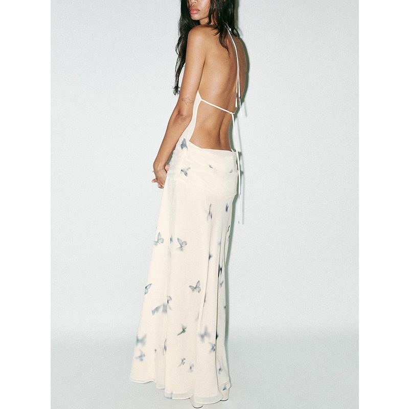 Summer New Product Women's Clothes Fashion Wind Ruched Design Animal Print Hanging Collar Long Dress 3676339