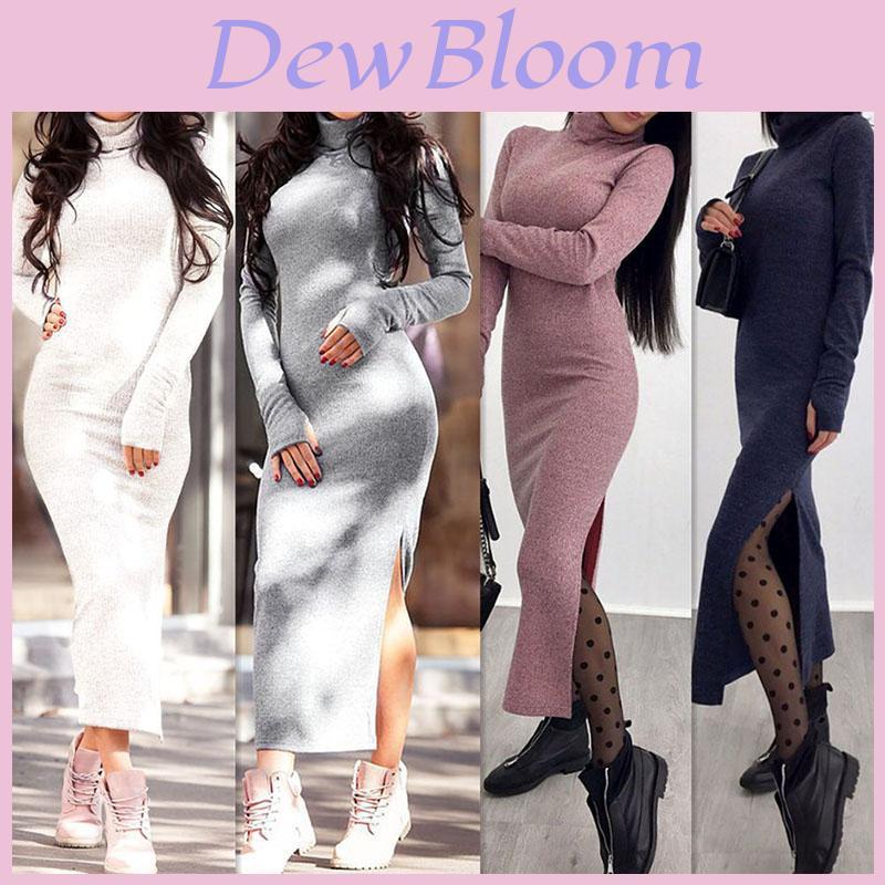 Luxurious Autumn And Winter Women's High Collar Sweater Dress In Solid Color