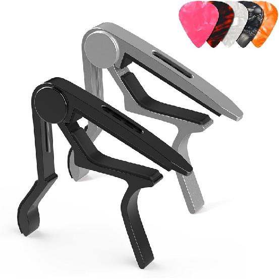 Capo, Guitar Capo with Pick Holder and 5 Picks, Guitar Clamp, Guitar Kapo, Capo for Acoustic & Electric Guitar, Ukulele, Banjo, Mandolin (Black & Black & Silver
