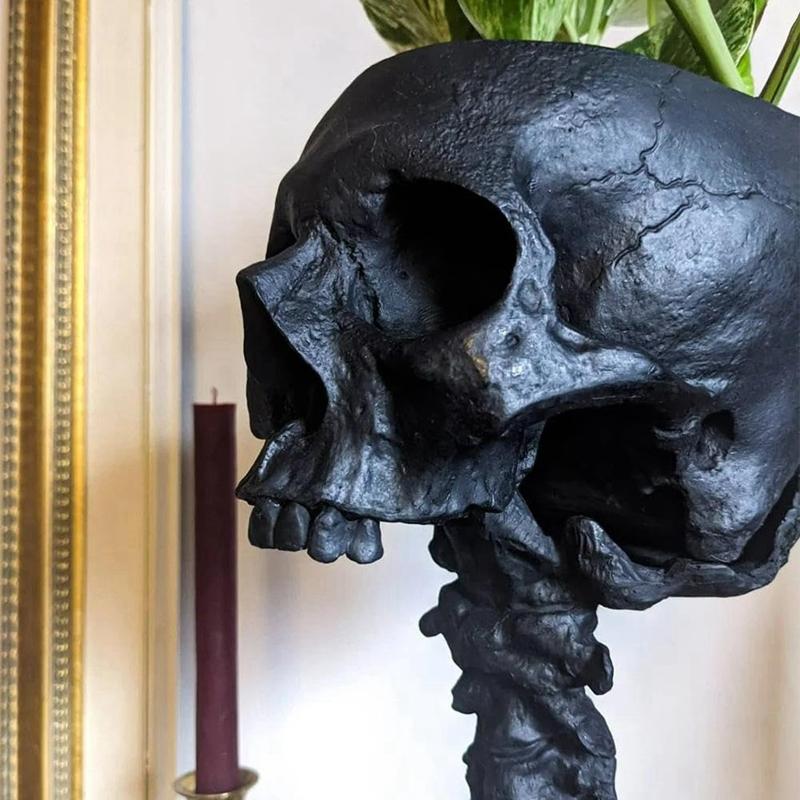 A96I-Resin Skull Planter & Spine Stand Set, Polyresin Skulls Pot, Halloween Decoration Retro Human Skull Head Flower