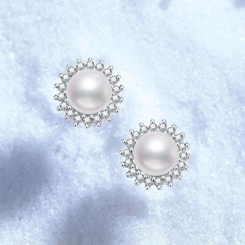 Sterling Stud Earrings With Natural Freshwater Pearl 5.5-6mm Near Round White Women 925 Sterling Silver