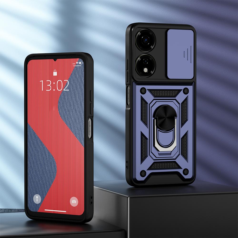KEYSION Shockproof Armor Case for Itel P55 5G Silicone+PC Slide Camera Lens Protection Ring Stand Phone Cover for Itel P55 5G