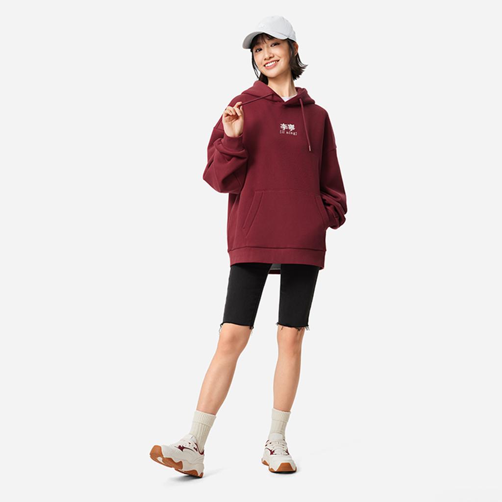 Li Ning Sports Fashion Series American Retro Fleece Loose Hooded Printed Letter Casual Sweatshirt Women sweatshirt Bicycle-Red AWDU923-15