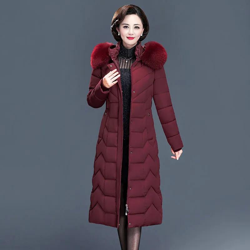 

Большой размер 6XL Пальто средней длины для женщины среднего возраста Зимнее Толстое Теплое Пальто с капюшоном Элегантный воротник из искусственного меха Свободные женские куртки M