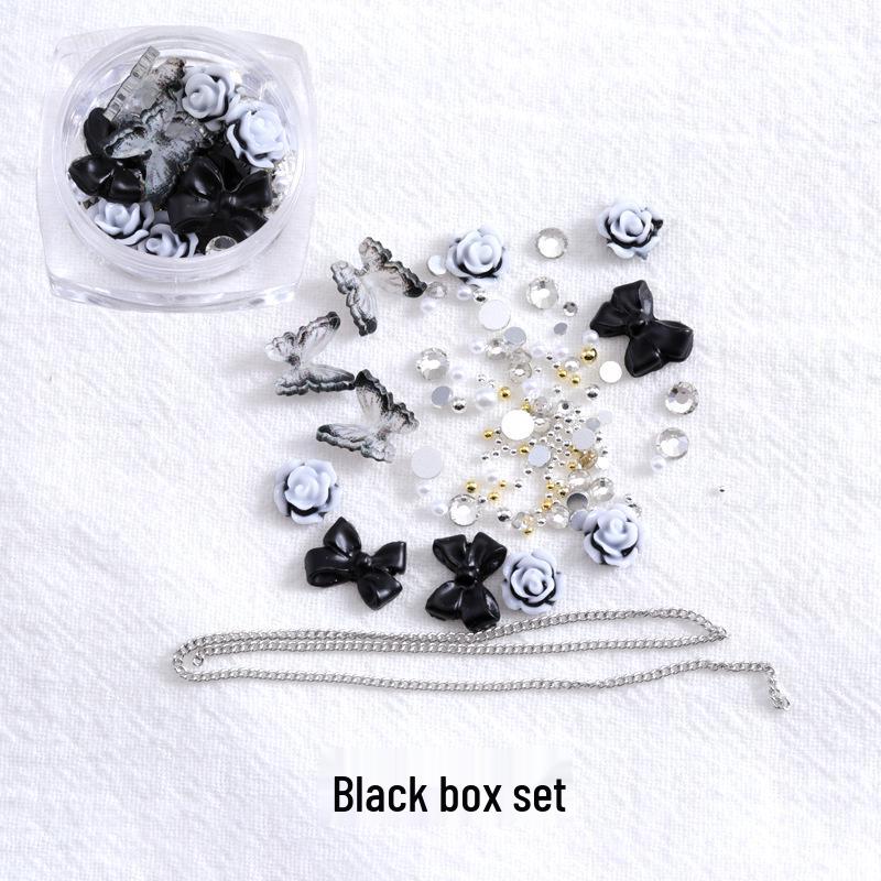 Smoked Plum Jam & Camellia Butterfly Nail Art Set with Bow, Pearl, and Fine Chain Accessories