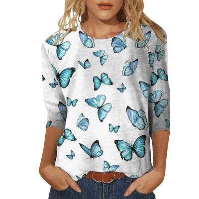 Rundhals 3D Schmetterlingsmuster Bedrucktes Oberteil Modische Lässige Langarm Damen T-Shirts