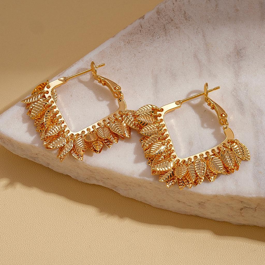 18K real gold electroplated geometric square leaf fringed silver needle earrings niche earrings