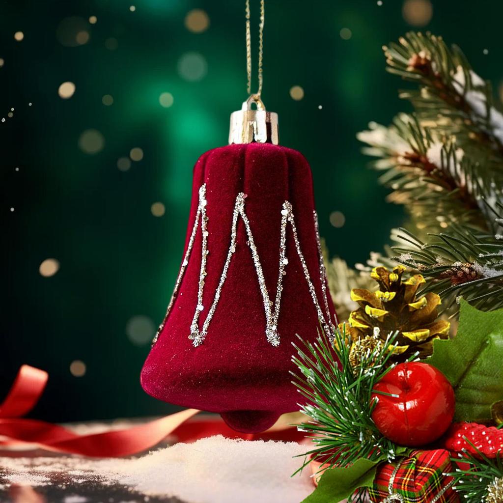 Velvet Christmas Ornaments 2PCS Red Flocked Christmas Ornaments Flocked Painted Candy Cane Bow Bell Decor Holiday Scene Decor