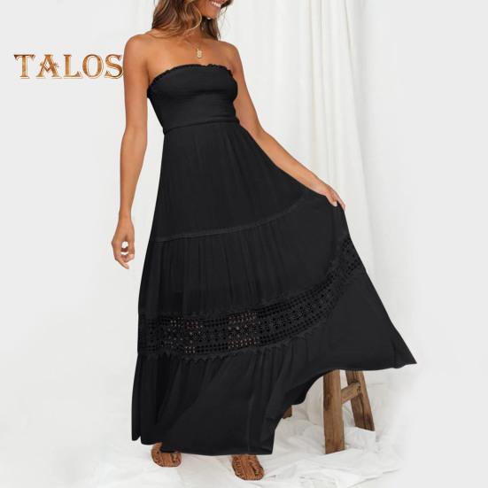 Women's Off Shoulder Maxi Dress Summer Smocked Lace Trim A Line Swing Dress Boho Strapless Flowy Beach Sundress