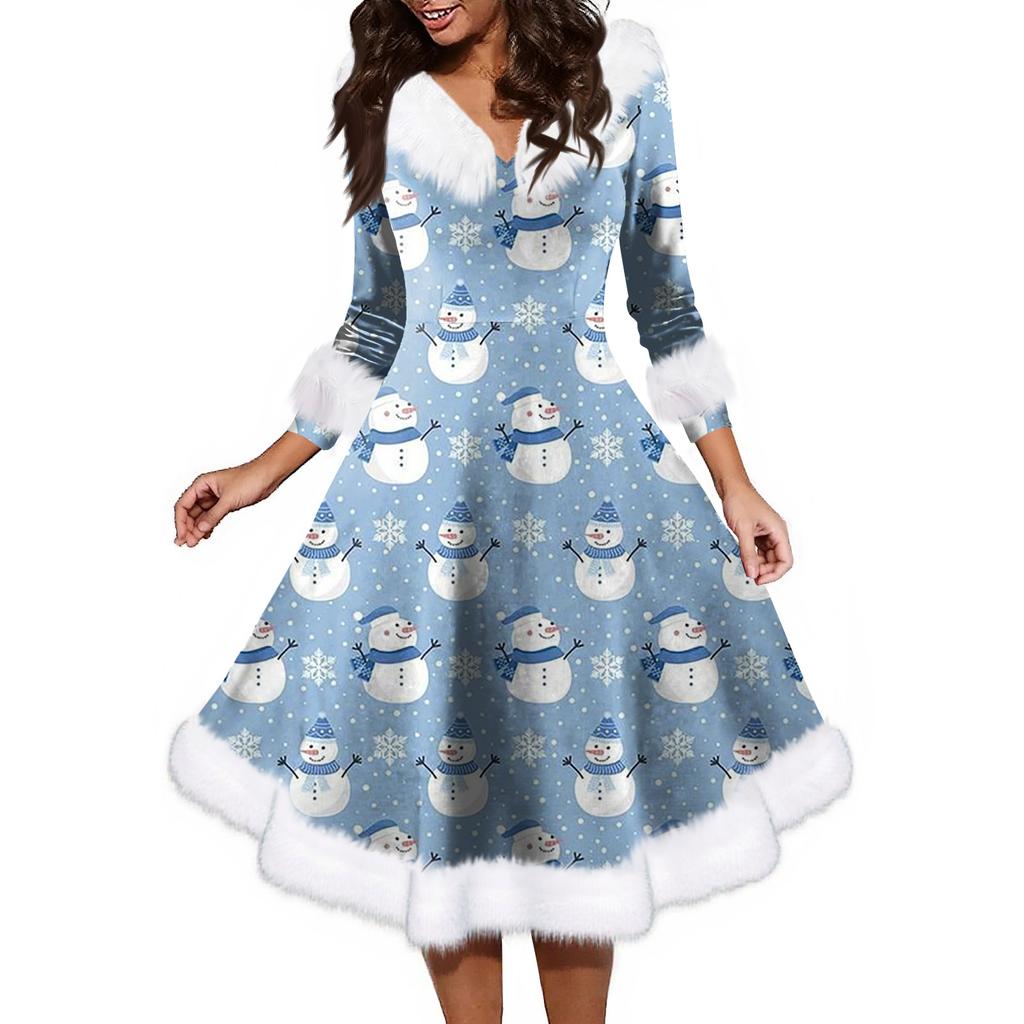 Women's Fashion V-neck Casual Fit Christmas Print Party Long Sleeve Dress
