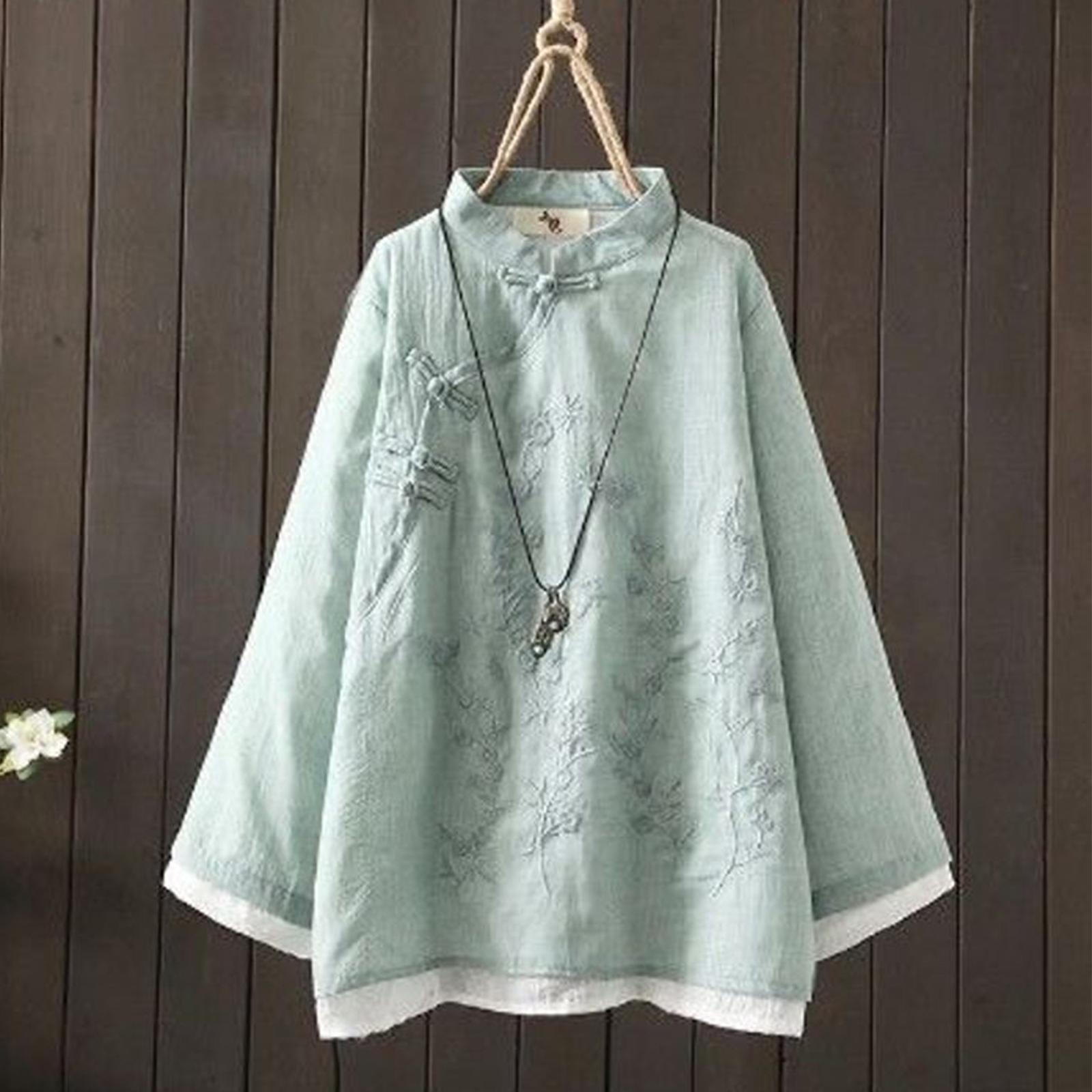 

Женское винтажное свободное платье-кимоно с пэчворком, вышивкой, воротником на пуговицах, китайское, с круглым вырезом, из смесовой хлопково-льняной ткани XL зелёный