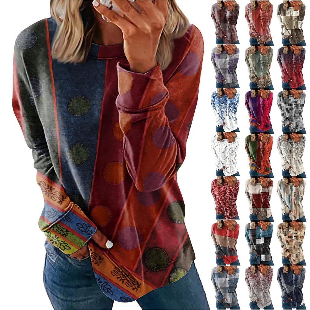 Women's Round Neck Tops Cotton Women's Casual Fashion Nationality Print Long Sleeve O-Neck Pullover Top Blouse