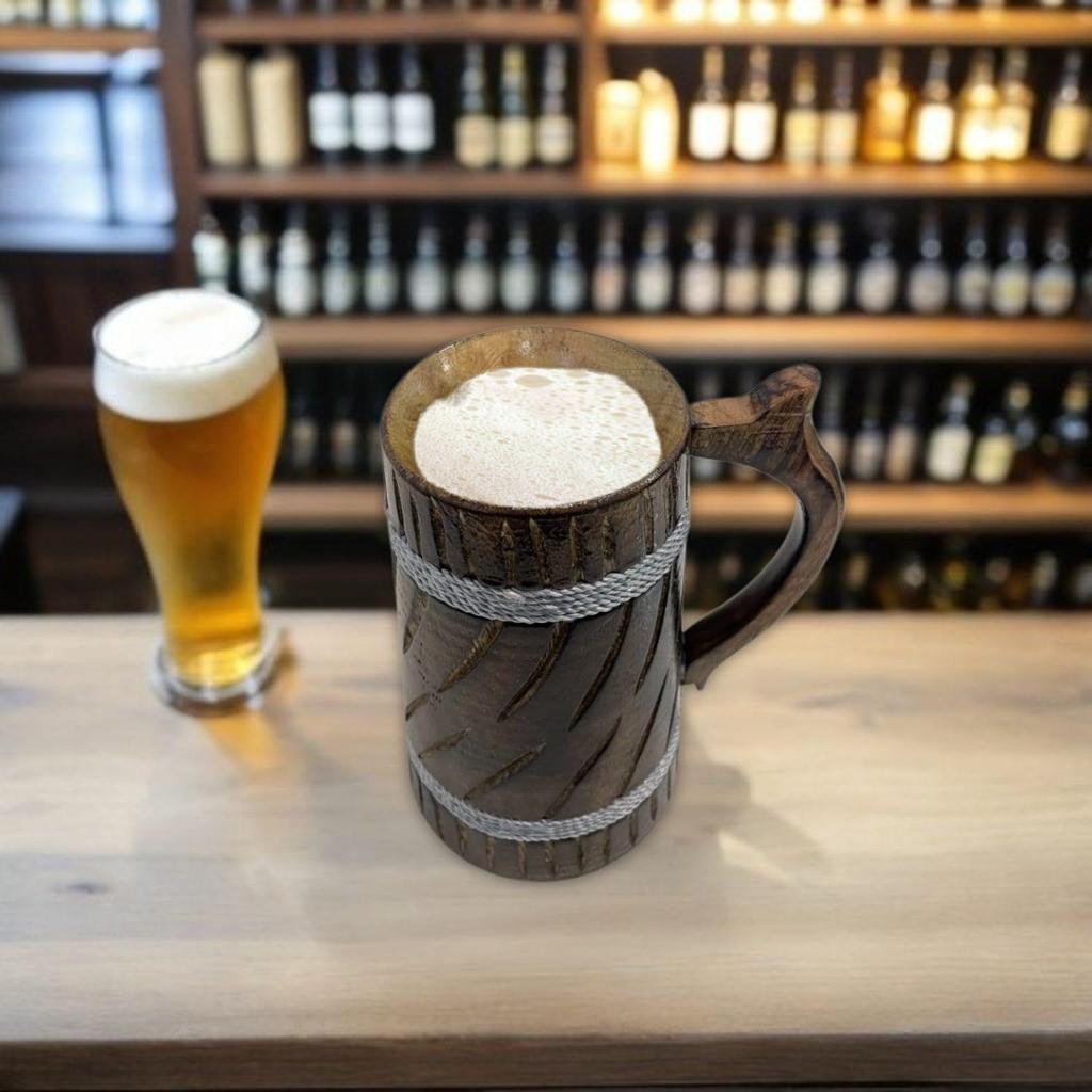 350ml Handgjord Trämugg för Öl, Mangoträ med Sheesham-finish, Tunna-stil, Lättviktig & Hållbar, för Hantverksöl, Hemmabar, Kafé, Fest, Gåva