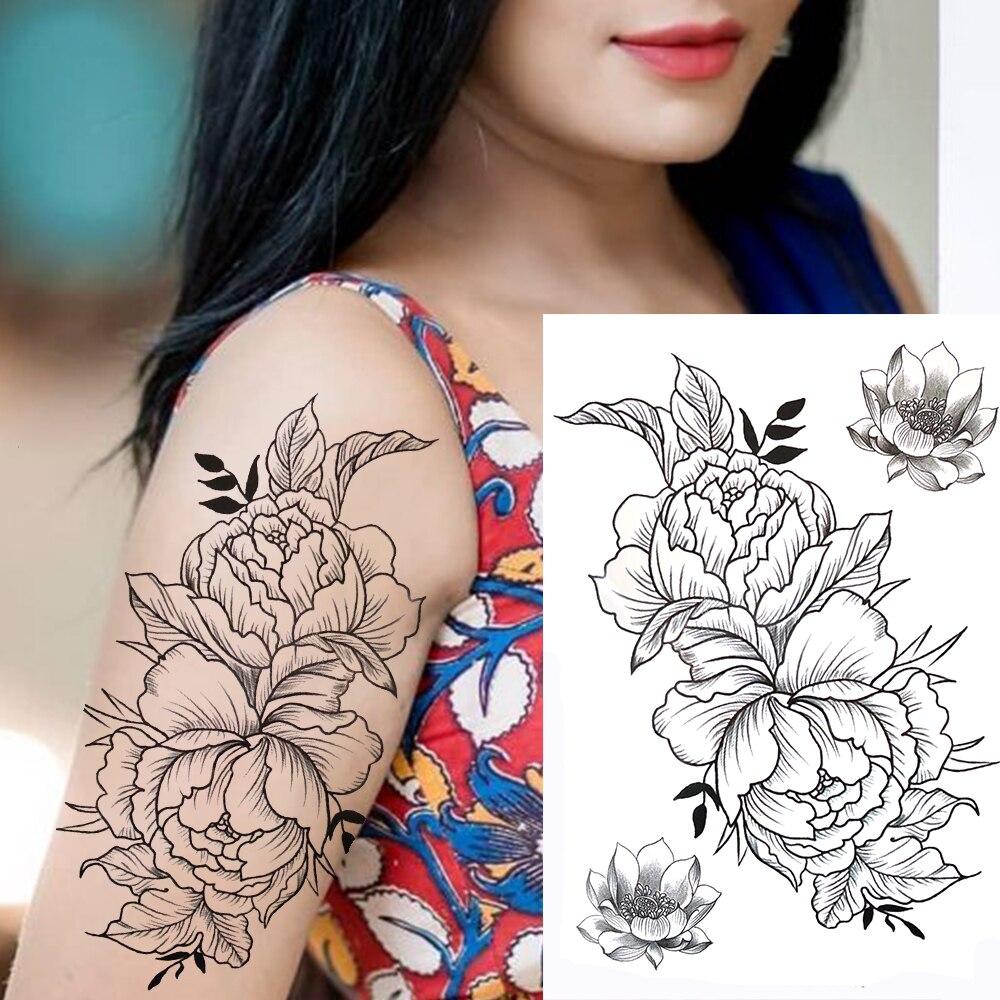 Black Flower Temporary Tattoo For Women Adultsl Fake Peony Rose Dahlia Lotus Tattoo Sticker 3D Body Art Bouquet Sexy Tatoo Paste