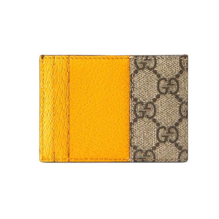 Gucci Etui na karty GG Supreme z logo pantery, Beżowo-brązowe płótno, Ciemnobrązowe skórzane wykończenie, Złote logo z literami GUCCI, Unisex, Codzienne podróże 597557-K9GOT-8861