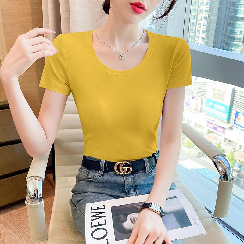 Dámské 2025 Slim Fit Bílé Tričko s Krátkým Rukávem a Kulatým Výstřihem z Čisté Bavlny