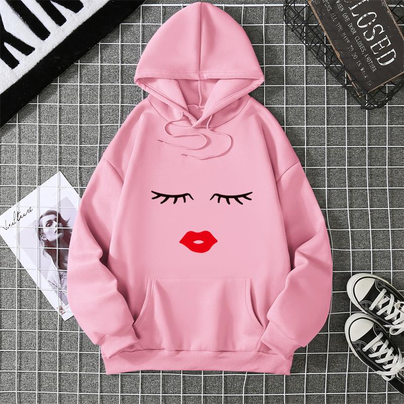 Pretty Cute Eye Lashes Red Lips Print Women Hoodie Summer Short Sleeve O Neck T-shirt Ladies White Hooded Sweatshirt