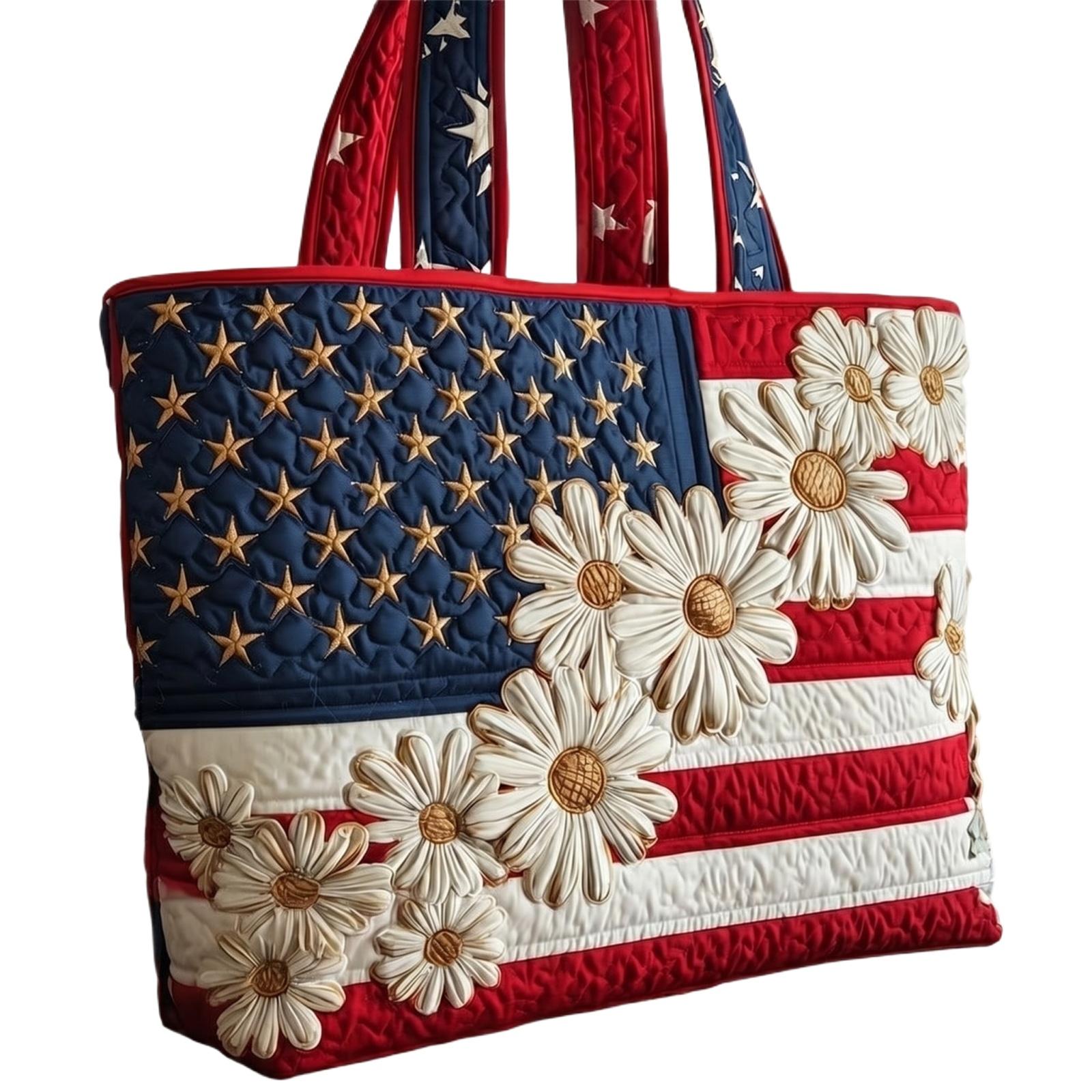 

Quilted Tote Bag with Daisy Applique and Star Pattern Large Shoulder Bag Durable Fabric Sturdy Handles Spacious Interior One Size