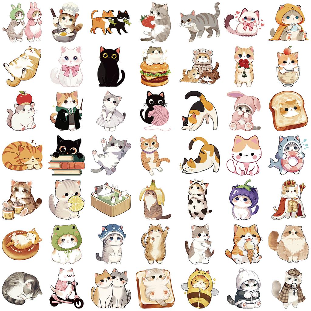 50 Cartoon Cute Cat Doodle Stickers Decorative Ipad Suitcase Notebook Diy Waterproof