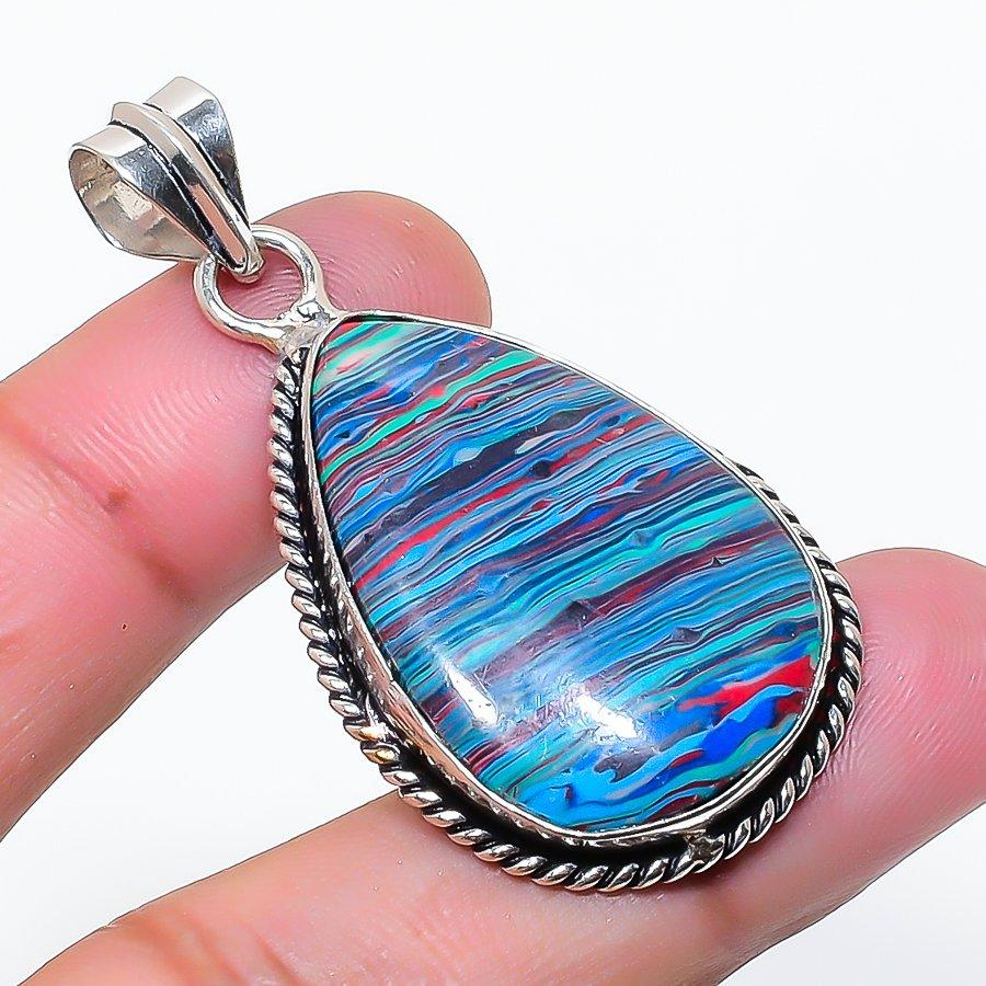 Natürlicher Regenbogen-Calsilica Edelstein 925 Sterling Silber Anhänger 1,89" AP-15269