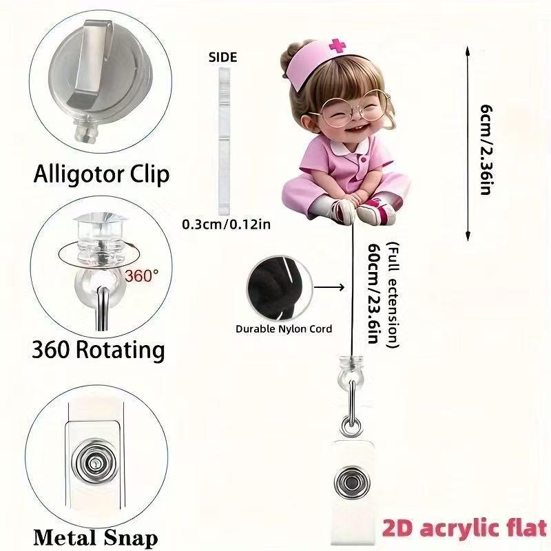 1 Pieza Cordón Retráctil Acrílico Plano 2D Clip para Identificación de Enfermera Insignia con Dibujo de Chica Enfermera Linda con Gafas Soporte para Insignias