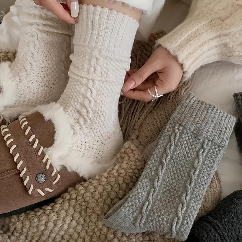 5-pair Set of Autumn and Winter Japanese-style Versatile Solid Color Embossed Cable Knit Thick Warm Over-the-knee Socks