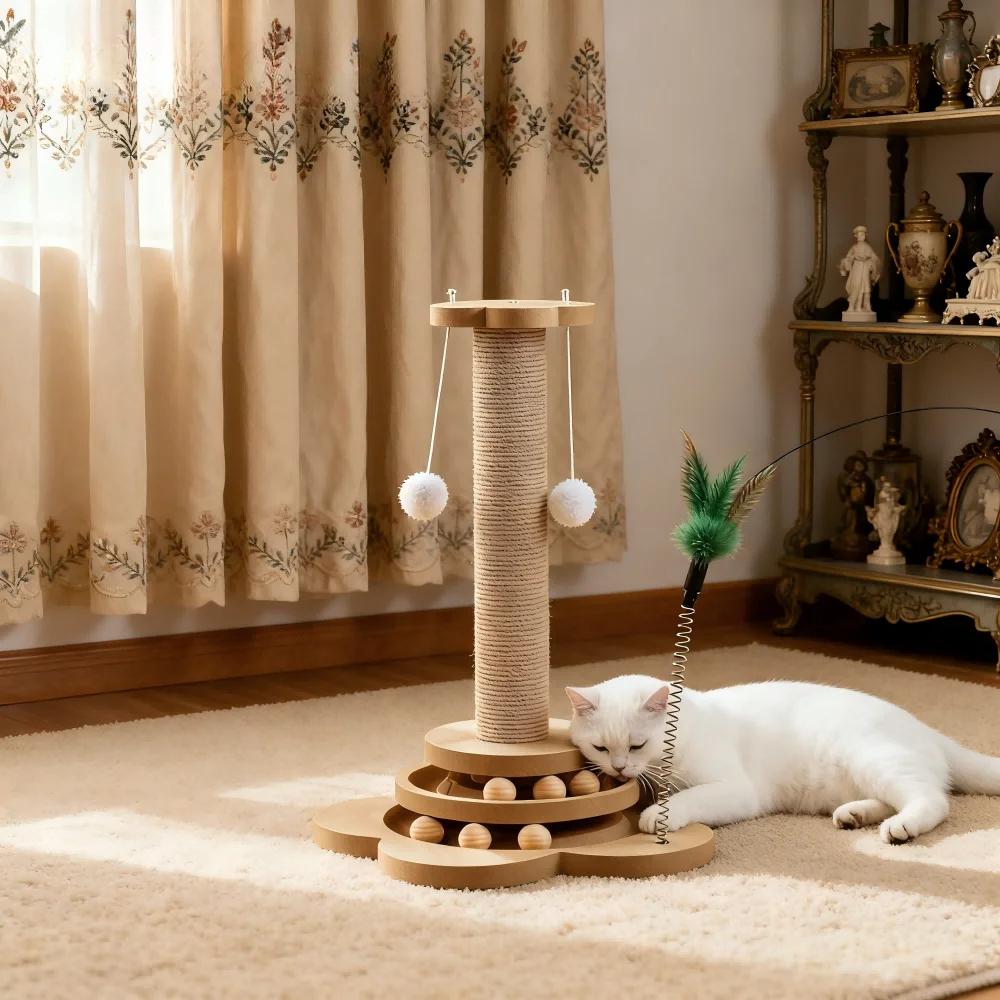 Pet Cat Toy Solid Wood Cat Turntable Funny Cat Stick Balls Durable Sisal Scratching Board Cat Supplies Cat Grab Column