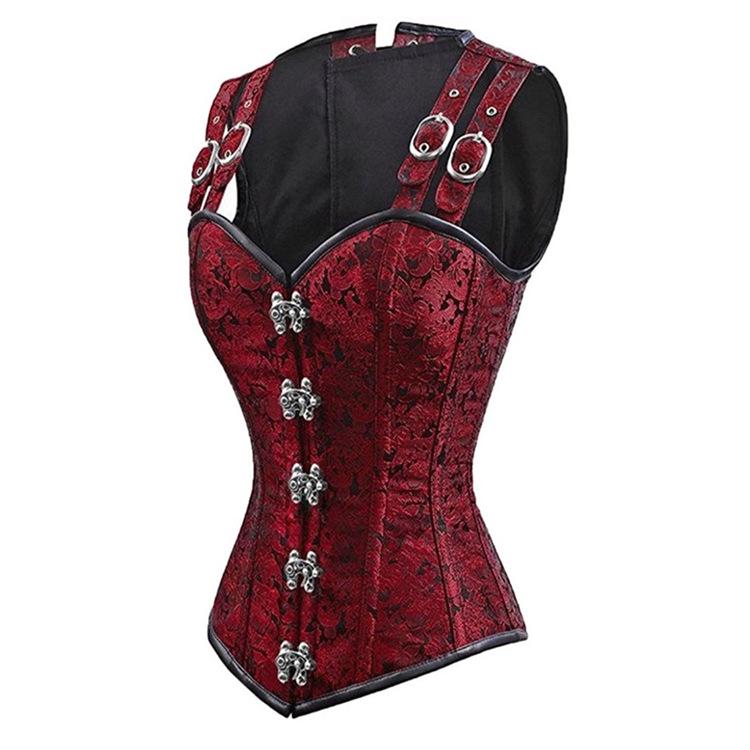 European & American Court Style Black Lace-Up Sleeveless Corset with 12 Steel Bones & Double-Breasted Chain Buttons.