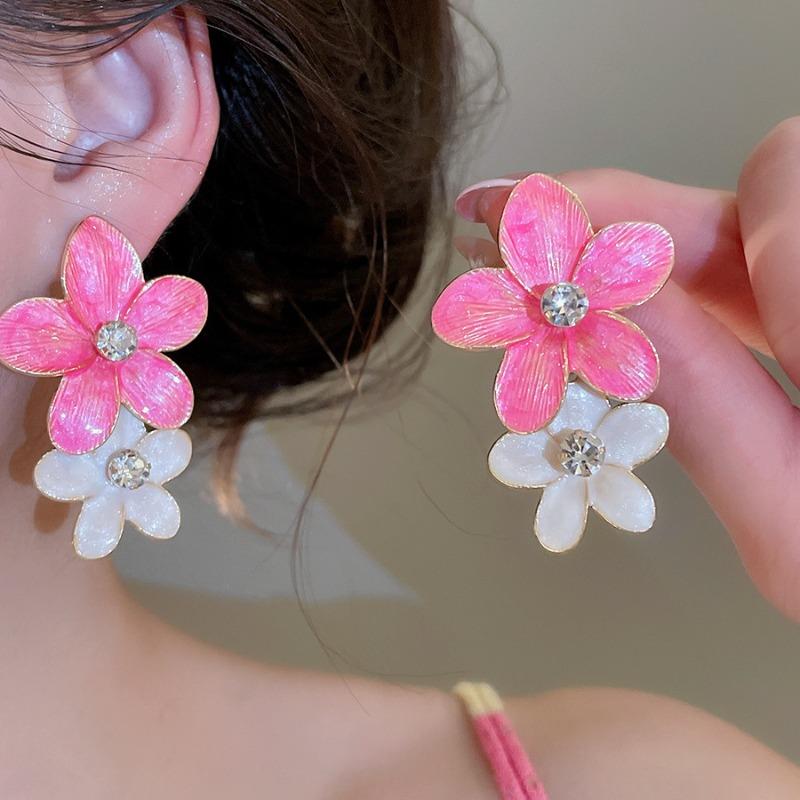 2026 New Arrival Double Color Enamel Flower Rhinestones Hanging Dangle Earrings for Women Statement Beach Holiday Jewelry