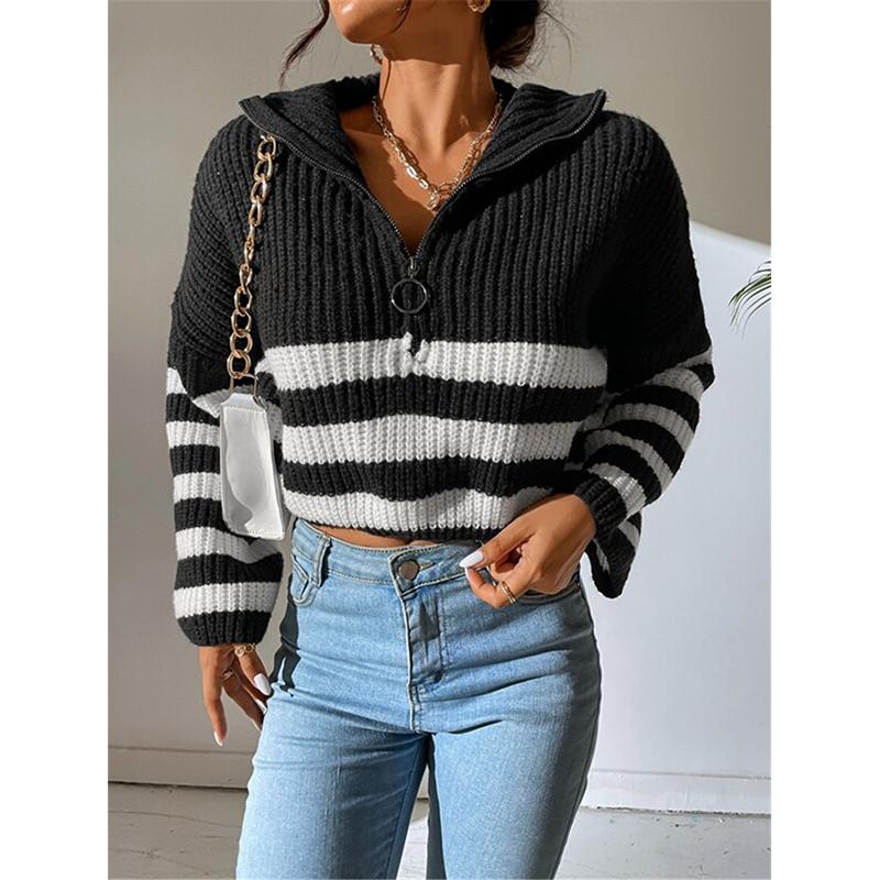 Loose Sweater Women Long Flare Sleeve Striped Zipper Stand Collar Knit Autumn Winter Thicken Warm Pullover