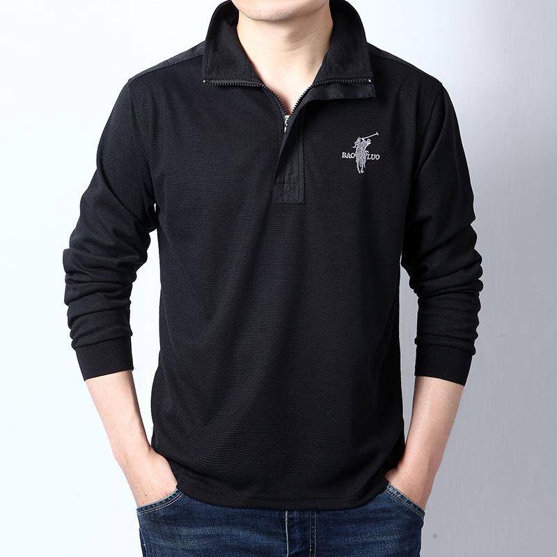 2023 Spring and Autumn Men's Solid Color Pullover Lapel Loose Embroidered Zipper Casual Fashion Elegant Commuter Long SleeveTops