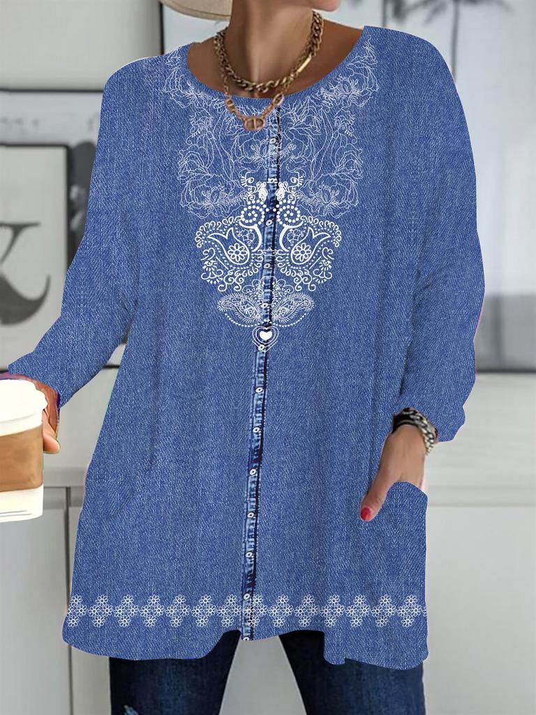 2025 Autumn Winter New Plus Size Women's Tops, Vintage Pattern 3D Print Fashion Crew Neck Long Sleeve T-Shirts